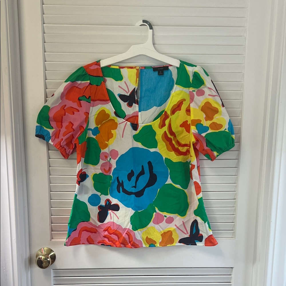 J. Crew Bold Floral U Neck Puff Sleeve Top - Multicolor